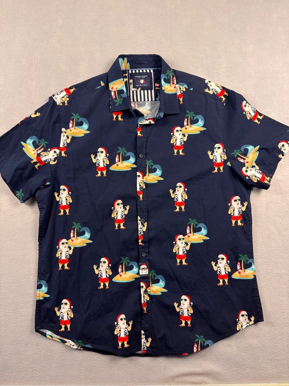 Denim & Flower Men's XL Blue Santa Claus Island Beach Button-Down Short Sleeves